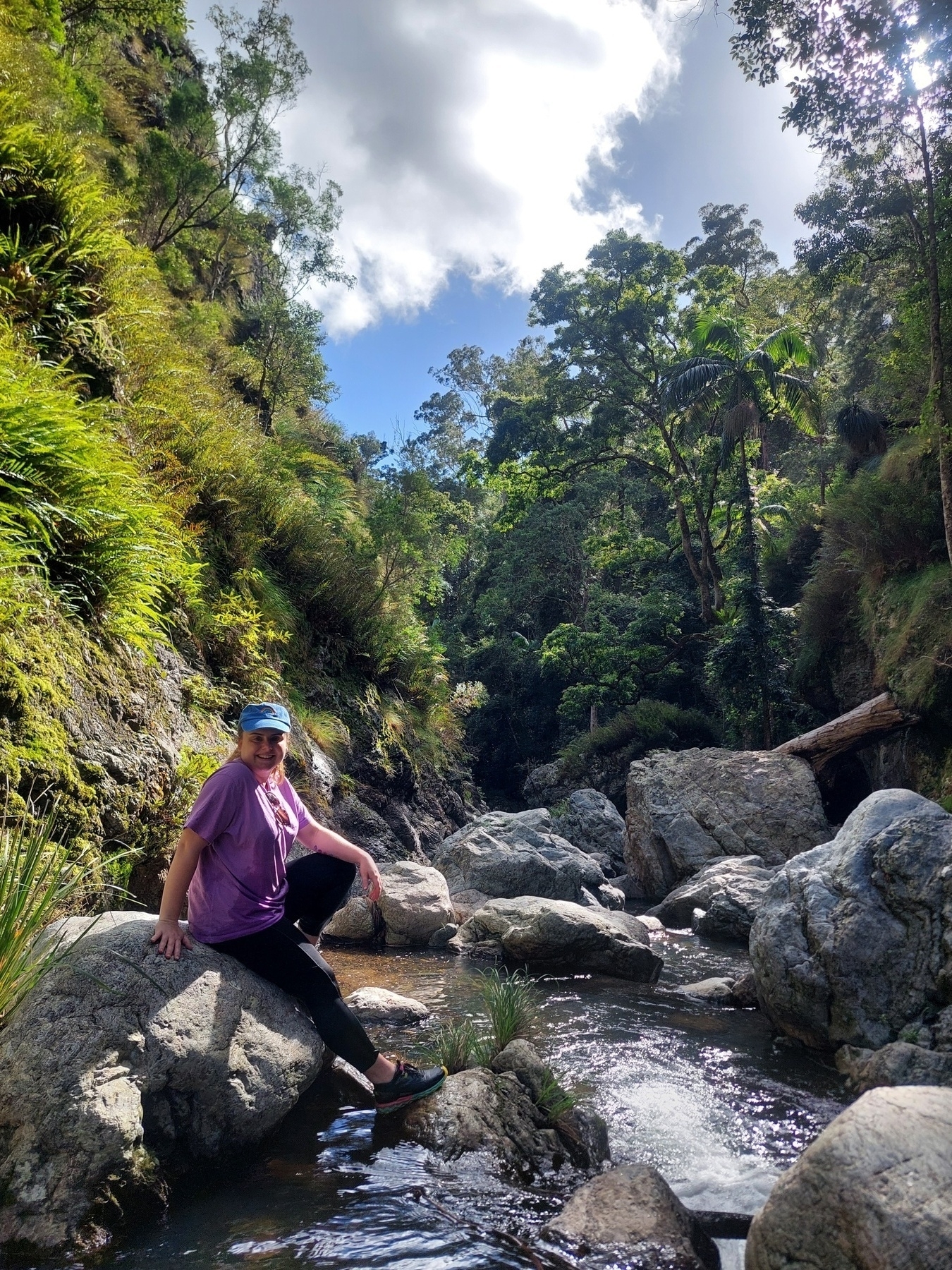 Auto-generated description: A person sits on a rock in a lush, green forested area beside a flowing creek under a partly cloudy sky.