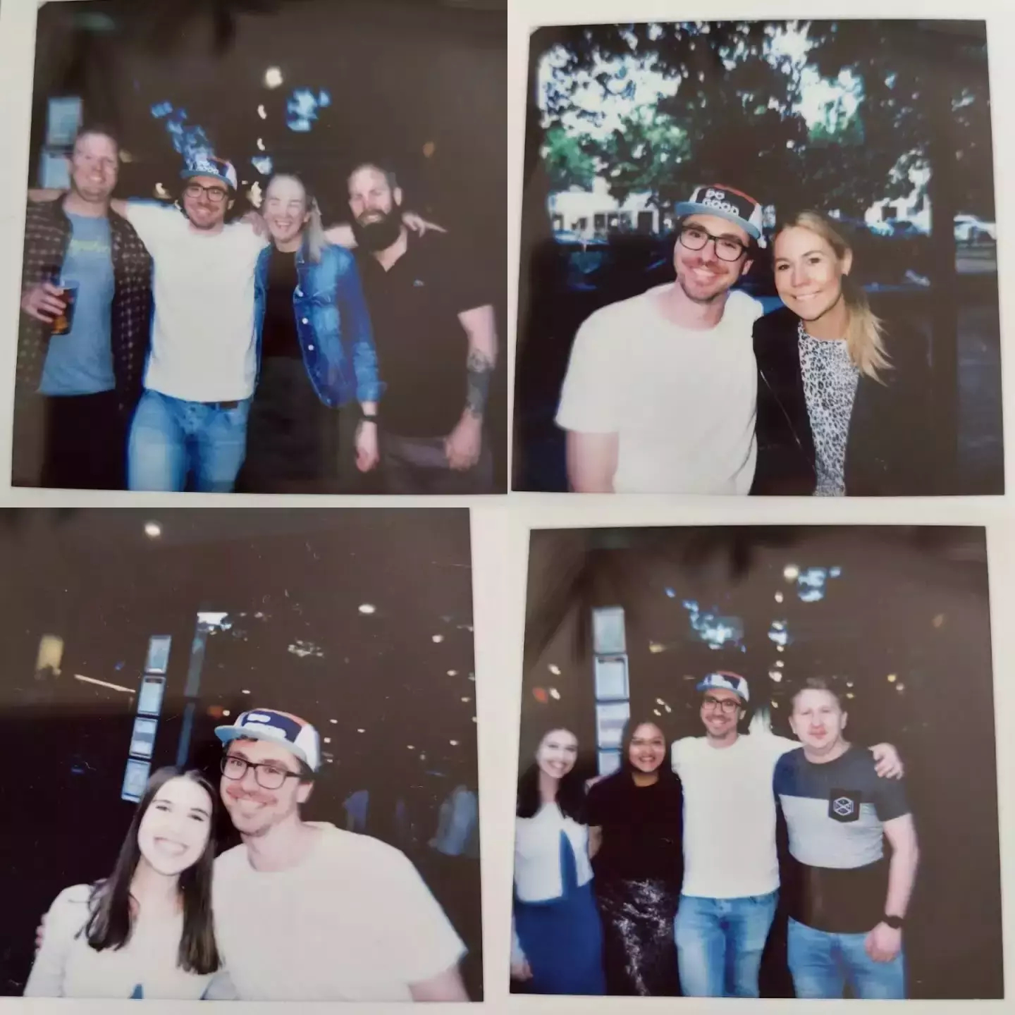 Auto-generated description: Four Polaroid-style photos show groups of people smiling and posing together outdoors and indoors.