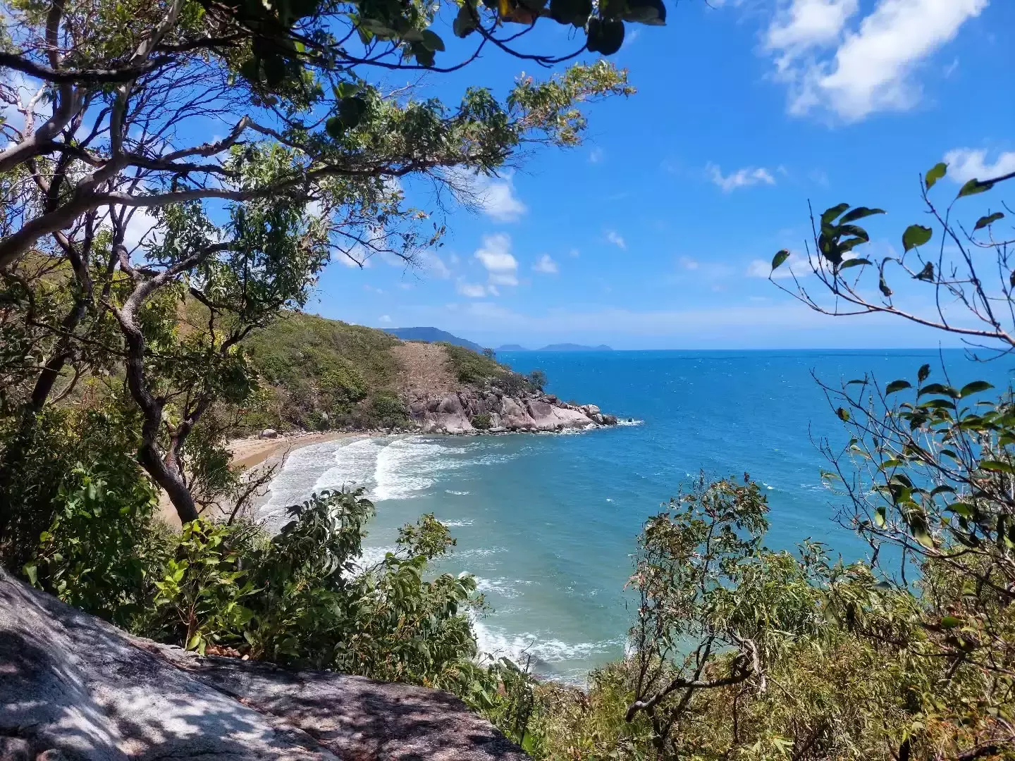 Auto-generated description: A scenic coastal view features a rocky shoreline, lush greenery, and a bright blue sky.