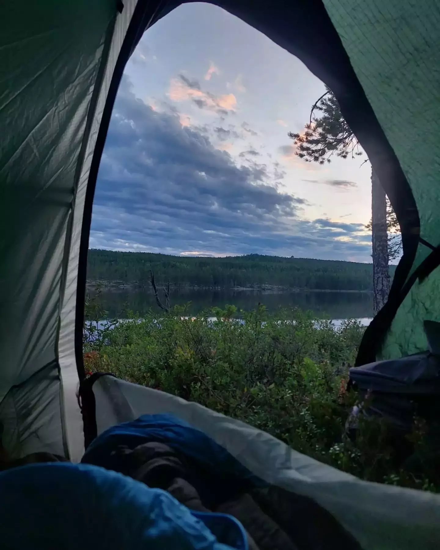 Auto-generated description: A scenic view of a lake and forest is seen from inside a tent at sunrise or sunset.