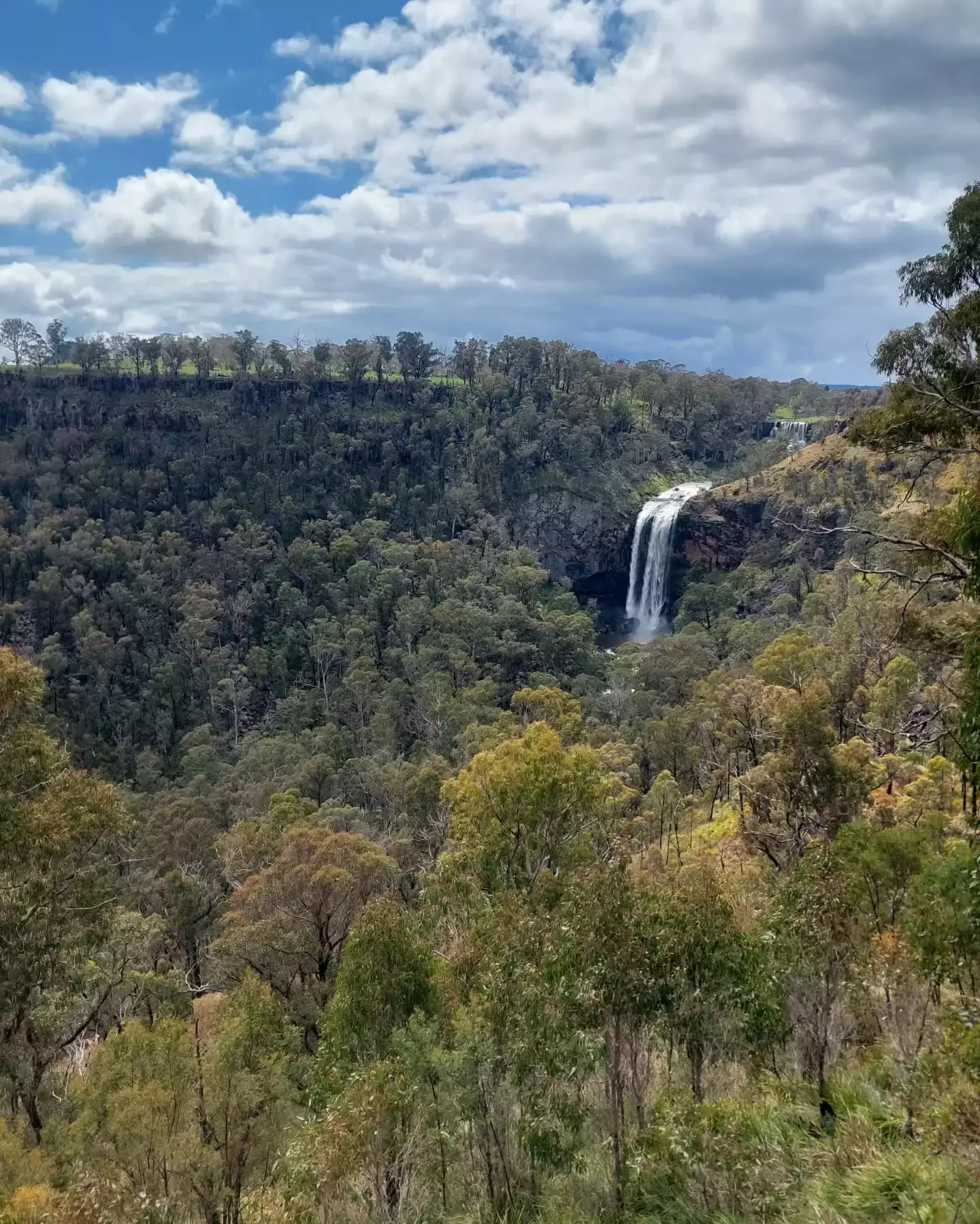 Auto-generated description: A picturesque waterfall cascades down a lush, green forested landscape under a partly cloudy sky.