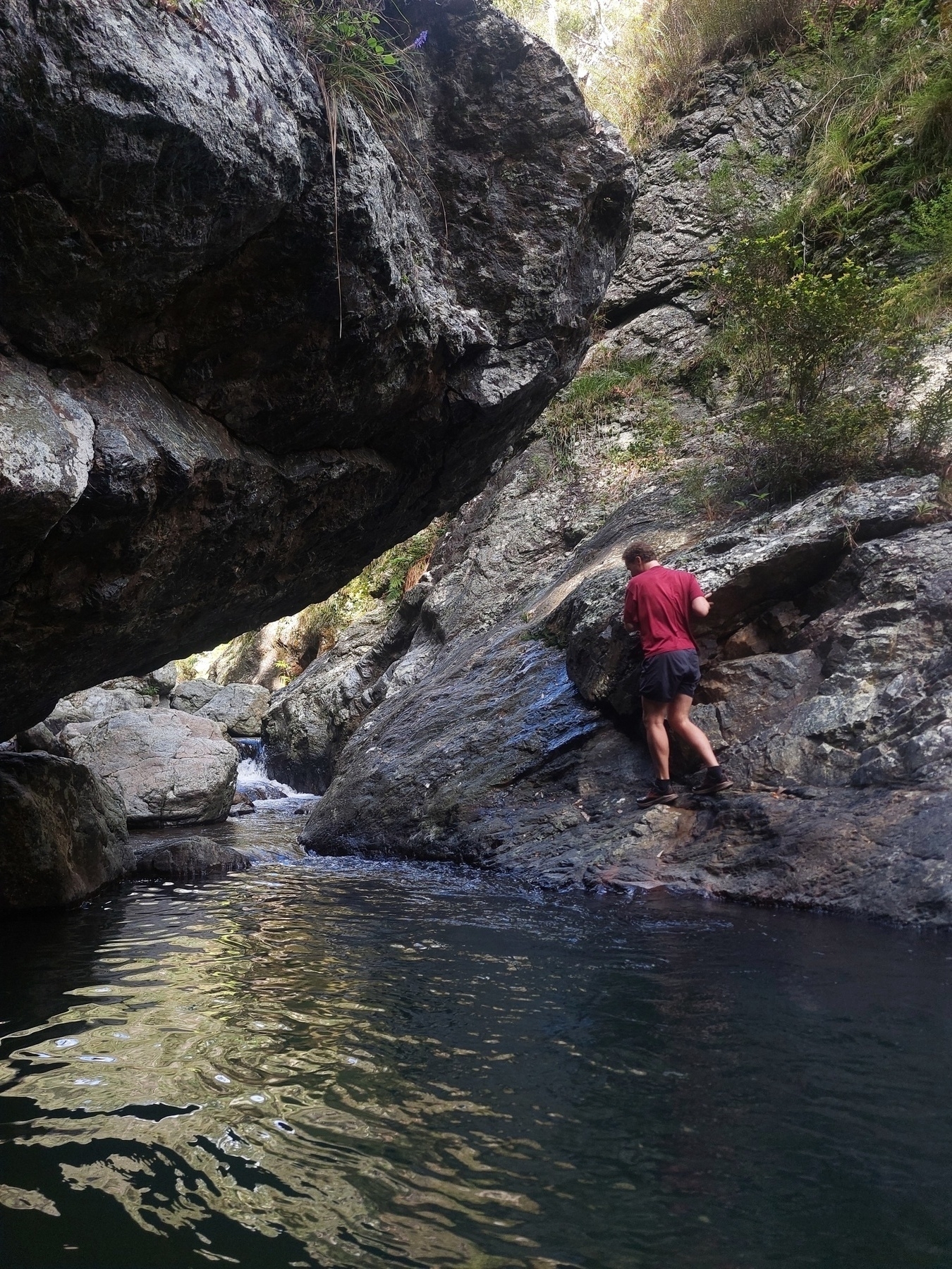 Auto-generated description: A person in a red shirt and shorts navigates rocky terrain beside a small body of water with large boulders and lush vegetation surrounding them.